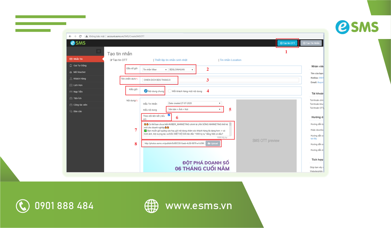 Màn hình Tạo tin OTT trên eSMS gửi tin nhắn Viber cho doanh nghiệp