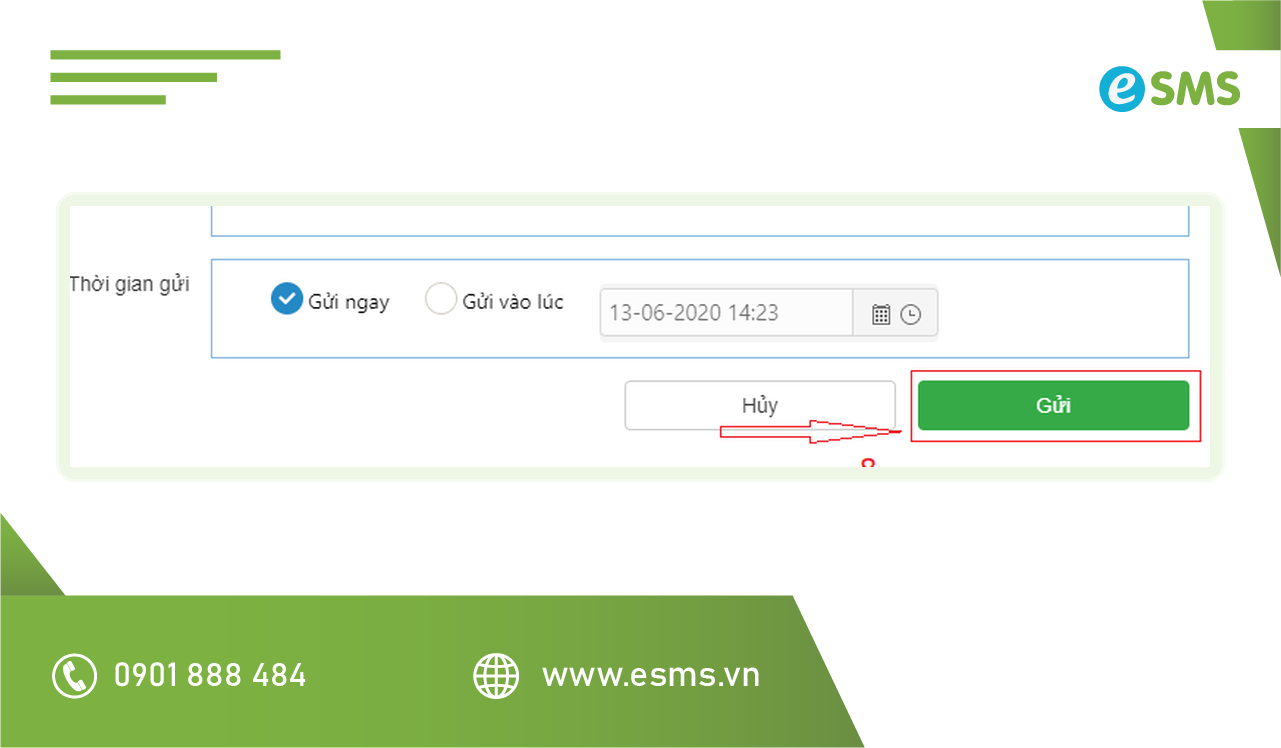 Màn hình chọn thời gian gửi trên eSMS: gửi ngay hoặc hẹn giờ tin nhắc lịch hội nghị khách hàng