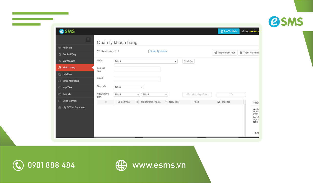 Màn hình quản lý danh sách khách hàng trên Tab Khách hàng eSMS phục vụ chương trình tích điểm