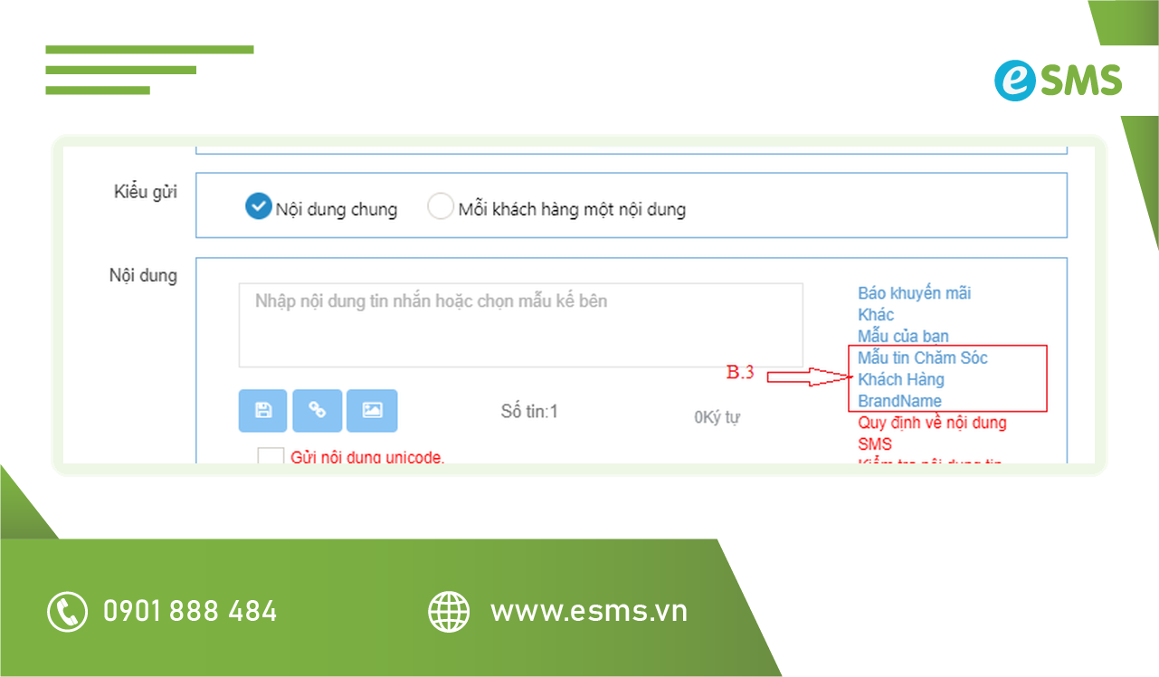 Màn hình Tạo tin nhắn trên eSMS có tùy chọn Gửi nội dung unicode để gửi tin nhắn có dấu
