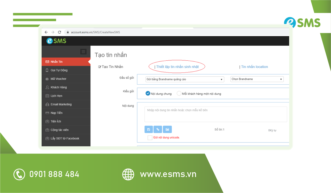 Màn hình thiết lập tin nhắn chúc mừng sinh nhật khách hàng tự động trên eSMS