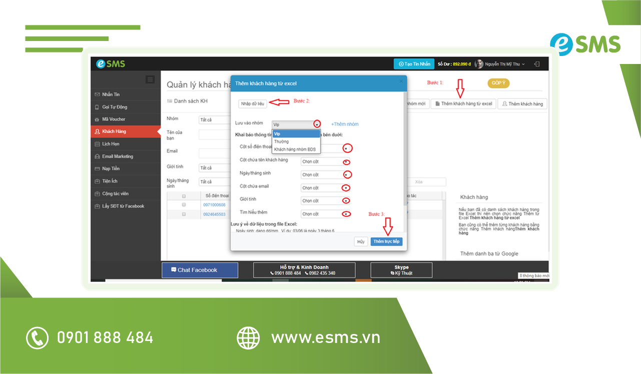 Màn hình thêm danh bạ phụ huynh từ Excel theo nhóm trên Tab Khách hàng eSMS cho sổ liên lạc điện tử