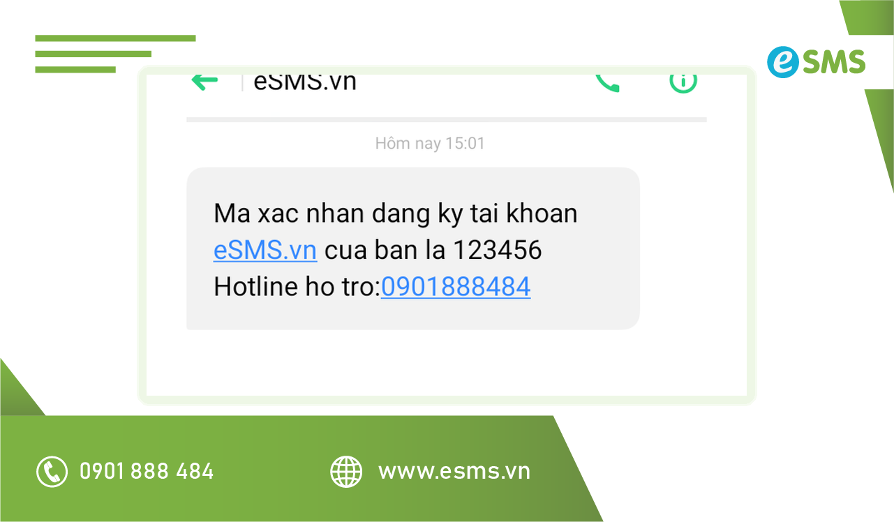 Tin nhắn SMS Brandname eSMS.vn hiển thị trên điện thoại người nhận, minh họa 1 tin nhắn SMS tính phí
