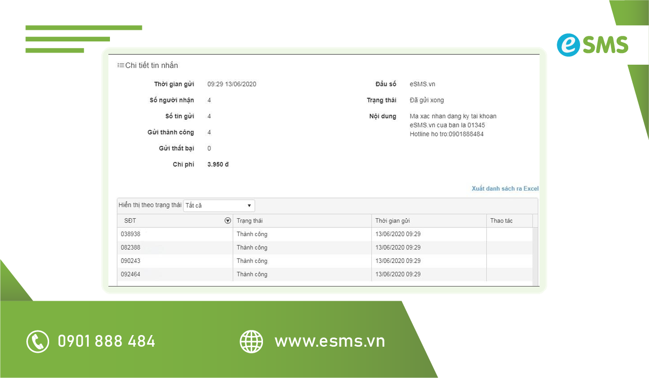 Màn hình chi tiết tin nhắn trên eSMS báo cáo trạng thái từng số khi ứng dụng SMS là gì